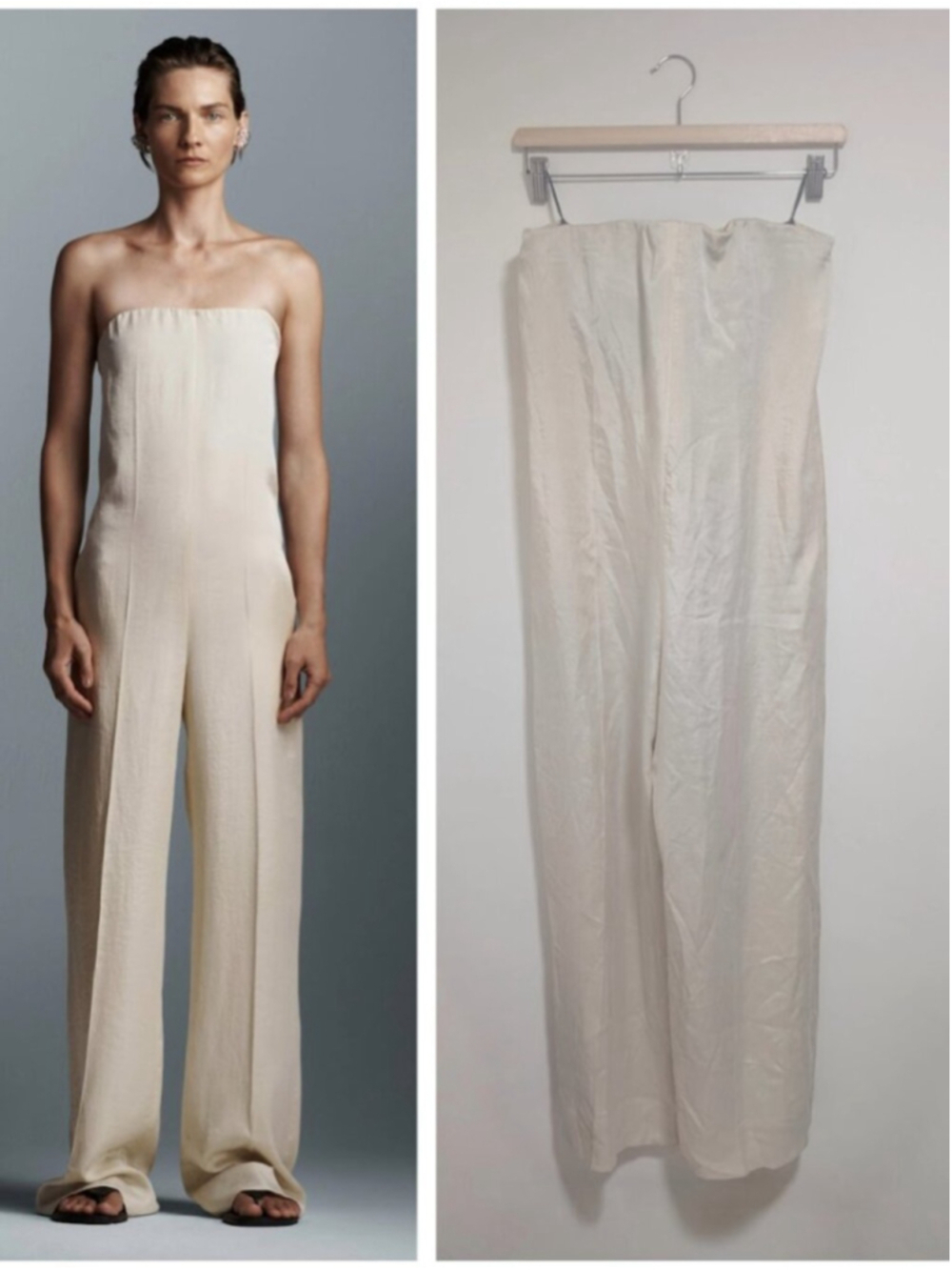 Zara | Strapless Lyocell Wide Leg Romper In Champagne
